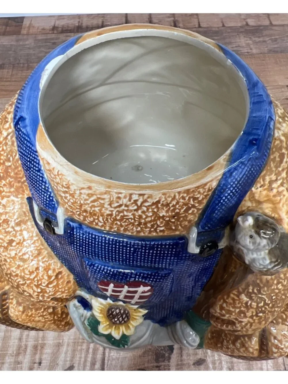 Ceramic Bear Cookie Jar With Blue Overalls & Watering Can